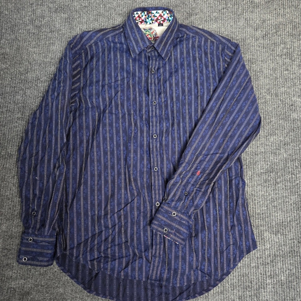 Robert Graham Mens Large Blue Striped Geometric Long Sleeve Button Down Shirt